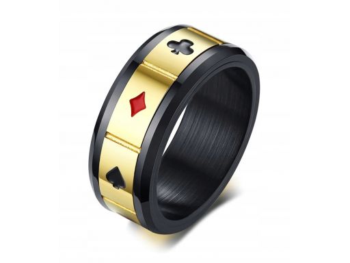 Czarna złota obrączka sygnet pierścień karty poker