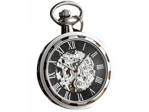 Mechaniczny zegarek kieszonkowy szkielet srebrny