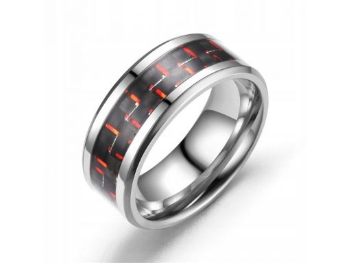 Tytanowa srebrna obrączka czerwona męska pierścień