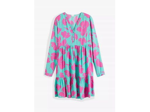 B.P.C. sukienka turkusowo-różowa we wzory z falbanami 40.