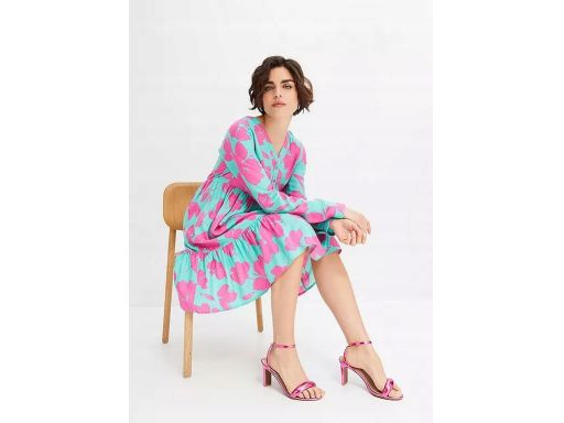 B.P.C. sukienka turkusowo-różowa we wzory z falbanami 40.