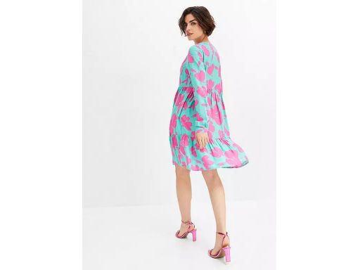 B.P.C. sukienka turkusowo-różowa we wzory z falbanami 42.