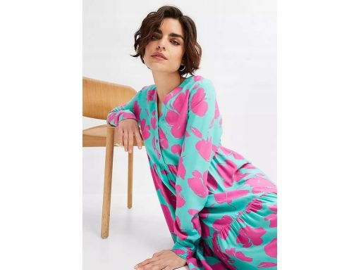 B.P.C. sukienka turkusowo-różowa we wzory z falbanami 42.