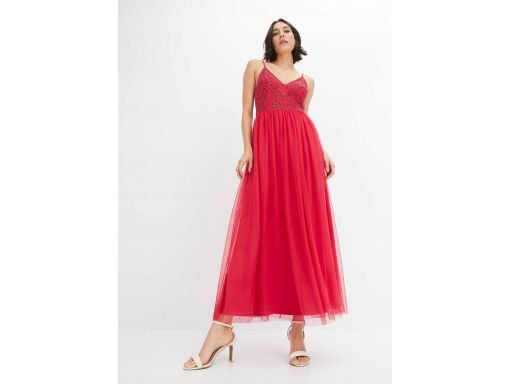 B.P.C czerwona sukienka wieczorowa z siateczki z aplikacją z koralików