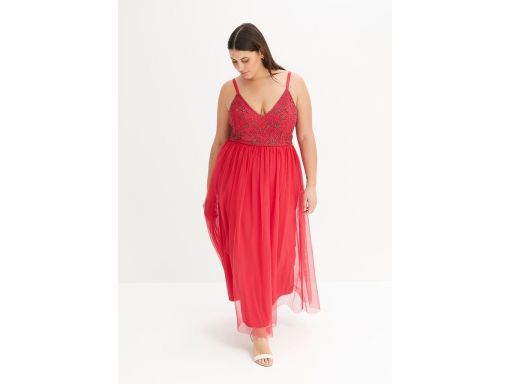 B.P.C czerwona sukienka wieczorowa z siateczki z aplikacją z koralików