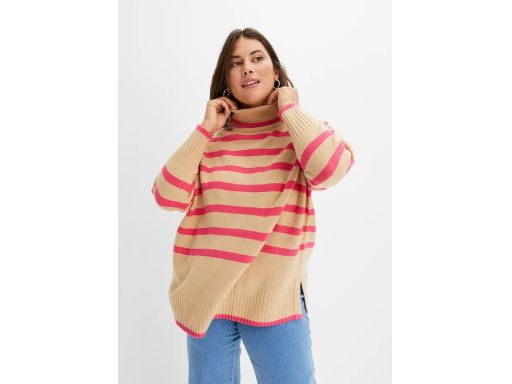 B.P.C luźny sweter z golfem beżowy w różowe paski ^44/46