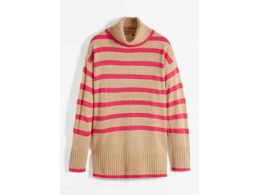 B.P.C luźny sweter z golfem beżowy w różowe paski ^44/46