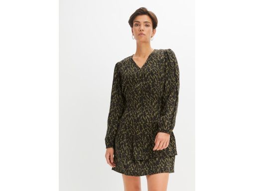 B.P.C sukienka satynowa czarno-khaki we wzory z wiskozy 44.