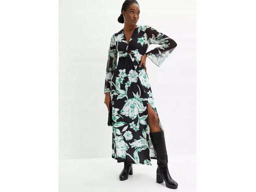 B.P.C sukienka maxi czarna w biało-zielone kwiaty ^36/38