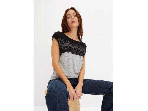 B.P.C t-shirt szary z czarną koronką ^32/34
