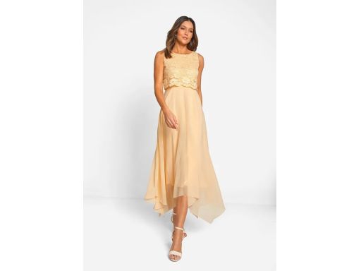 B.P.C sukienka szyfonowa asymetryczna morelowa z koronką ^40