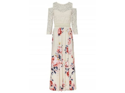 B.P.C długa sukienka w kwiaty z koronką i odkrytymi ramionami 36.