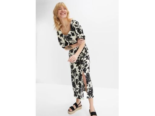 B.P.C sukienka z nadrukiem krepowana kremowo-czarna ^44/46