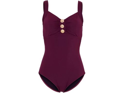 B.P.C śliwkowy kostium jednoczęściowy ze złotymi guzikami r.42(80C)