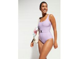B.P.C kostium kąpielowy liliowy prążkowany z paskiem r.48