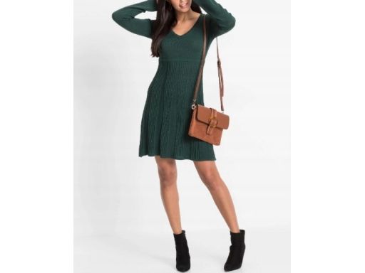 B.P.C dzianinowa sukienka ciemnozielona z plisowaniem r.36/38