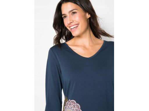 B.P.C bluzka asymetryczna granatowa z kolorowym nadrukiem 44/46.