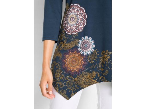 B.P.C bluzka asymetryczna granatowa z kolorowym nadrukiem 44/46.