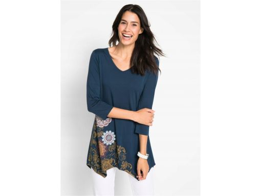 B.P.C bluzka asymetryczna granatowa z kolorowym nadrukiem 44/46.