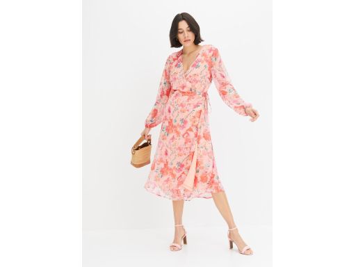 B.P.C kopertowa sukienka szyfonowa midi koralowa w kwiaty ^42