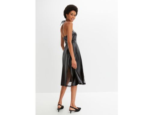 B.P.C czarna sukienka z eko skóry midi z koronką 36/38.