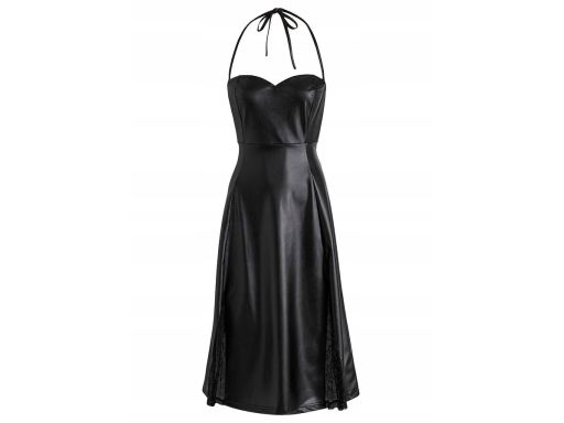 B.P.C czarna sukienka z eko skóry midi z koronką 36/38.