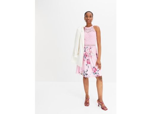 B.P.C letnia sukienka kolorowa różowa z koronką i ażurowym paskiem r.4