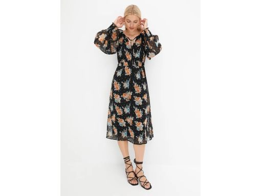 B.P.C sukienka szyfonowa midi czarna w kwiaty 40.