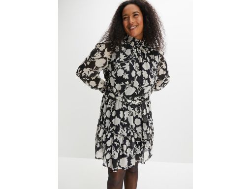 B.P.C sukienka szyfonowa czarna we wzory z falbanami 44.