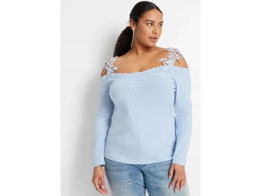 B.P.C niebieska bluzka z odkrytymi ramionami i koronką r.48/50