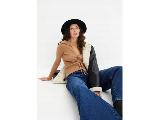 B.P.C sweter z wiązaniem i marszczeniem wielbłądzi brąz r.48/50