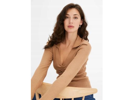 B.P.C sweter z wiązaniem i marszczeniem wielbłądzi brąz r.48/50