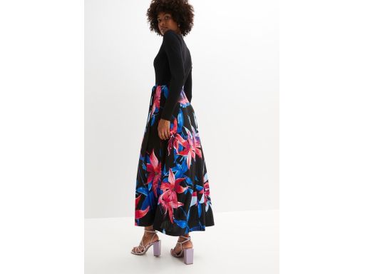 B.P.C długa sukienka czarna w kwiaty w części spódnicowej 36/38.