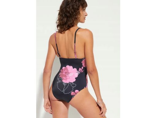 B.P.C Kostium kąpielowy średni stopień modelowania czarny różowe kwiat
