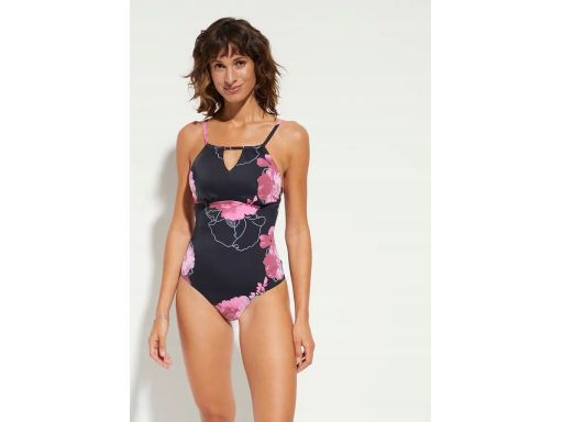 B.P.C Kostium kąpielowy średni stopień modelowania czarny różowe kwiat