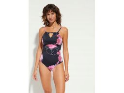 B.P.C Kostium kąpielowy średni stopień modelowania czarny różowe kwiat