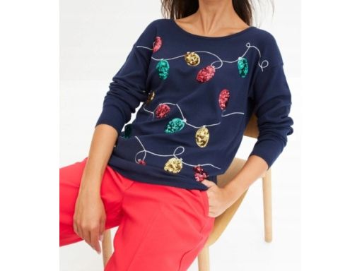 B.P.C sweter świąteczny granatowy z bombkami z cekinów 48/50.