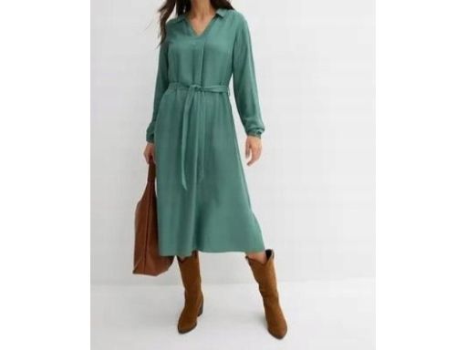B.P.C sukienka midi zielony dymny z paskiem z wiskozy r.46