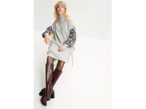 B.P.C dzianinowa sukienka prosta szara z rękawami w cętki ^48/50