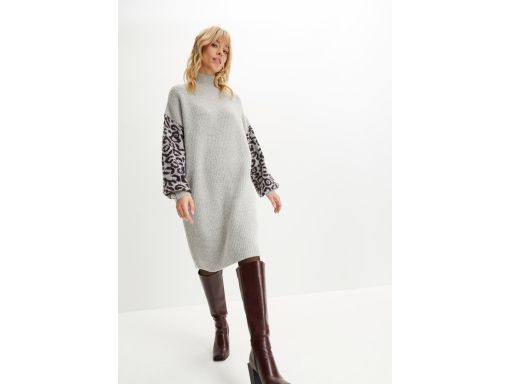B.P.C dzianinowa sukienka prosta szara z rękawami w cętki ^48/50