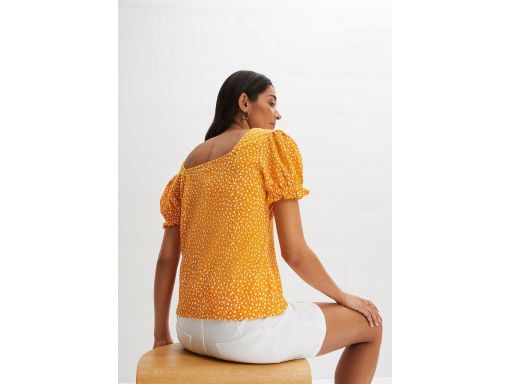 B.P.C bluzka bufiasty rękaw żółta w białe grochy z krepy r.44/46