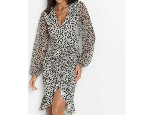 B.P.C ołówkowa sukienka z falbankami w cętki asymetryczna r.40/42