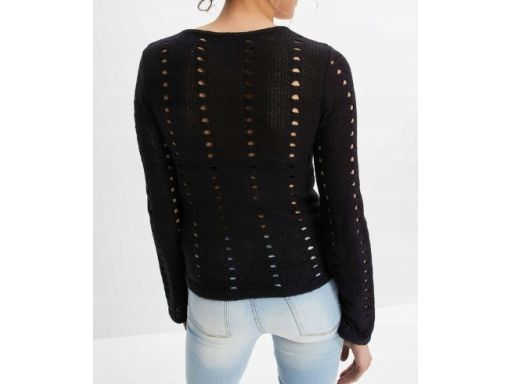 B.P.C sweter ażurowy czarny dekolt karo z wiązaniem r.40/42