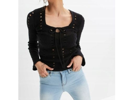 B.P.C sweter ażurowy czarny dekolt karo z wiązaniem r.40/42