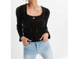 B.P.C sweter ażurowy czarny dekolt karo z wiązaniem r.40/42