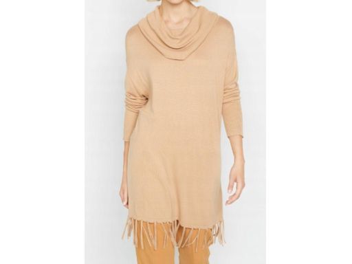 B.P.C beżowy sweter z szerokim golfem i frędzlami ^36/38