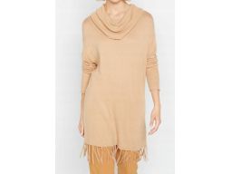 B.P.C beżowy sweter z szerokim golfem i frędzlami ^36/38