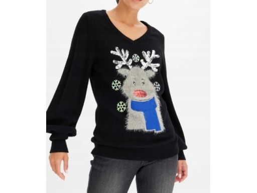 B.P.C sweter świąteczny czarny w serek z nadrukiem 3D r.52/54