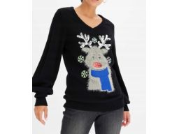 B.P.C sweter świąteczny czarny w serek z nadrukiem 3D r.52/54