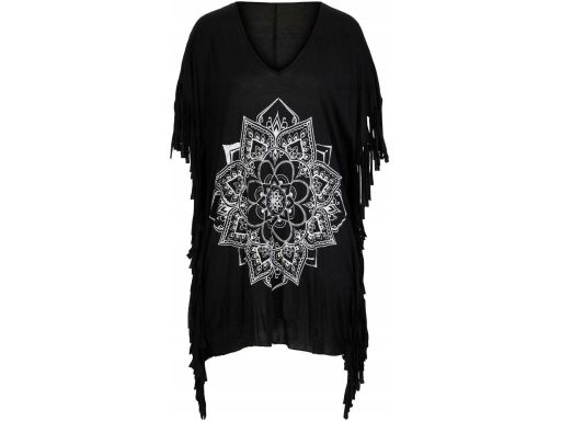 B.P.C czarna tunika plażowa z nadrukiem mandala i frędzlami 40/42